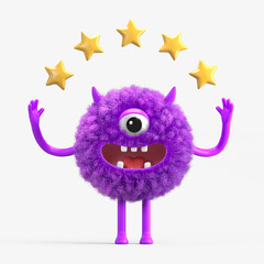 Fluffy, cute monster with five stars, representing top-quality service. 3D rendering, conceptual image. Isolated on white background.
