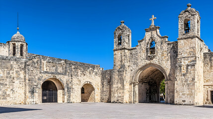 Fototapeta premium Ancient Stone Church Ruins In A Colonial Mexican Plaza
