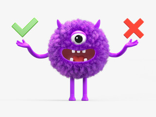 Fluffy, cute monster with checkmark and cross, symbolizing decision-making. 3D rendering, conceptual image. Isolated on white background.