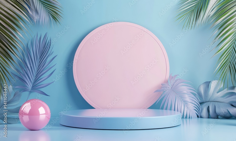 Poster a minimalist display featuring a round mirror on a pastel pink pedestal. surrounded by vibrant palm 
