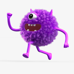 Fluffy, cute monster joyfully running, symbolizing happiness or excitement. 3D rendering, conceptual image. Isolated on white background. © Jane