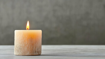 Beige Textured Candle With Flame Against Gray Background