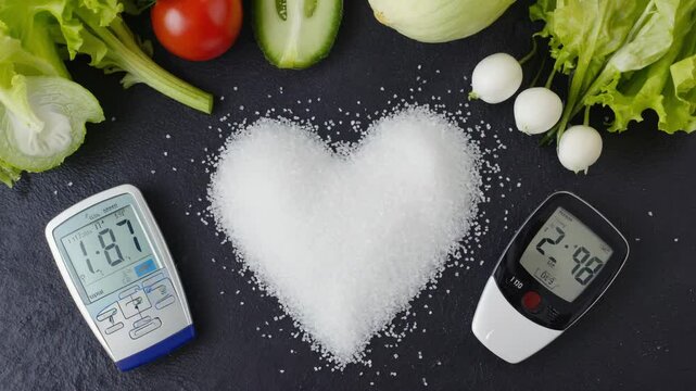 Healthy food choices and blood glucose monitoring with fresh vegetables and blood sugar meters on dark background, heart shape of sugar.