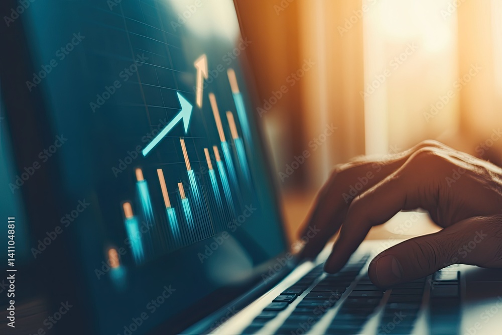 Poster a person analyzing data trends on a laptop. with a glowing upward graph overlay. set in a well-lit r
