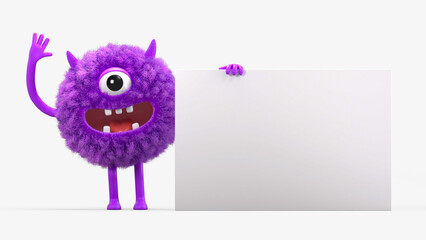Fluffy, cute monster holds a blank sign, symbolizes information and advertising display. 3D rendering, conceptual image. Isolated on white background.