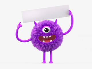 Fluffy, cute monster holds a blank sign, symbolizes information and advertising display. 3D rendering, conceptual image. Isolated on white background.
