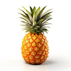 Fototapeta premium A single ripe pineapple with a textured yellow-orange skin and a leafy crown, placed on a plain white background, 