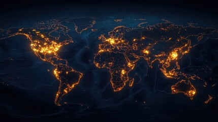 A stunning aerial view of Earth at night showcasing illuminated cities and regions. with a dark. cloudy atmosphere surrounding the planet. ideal for global awareness themes