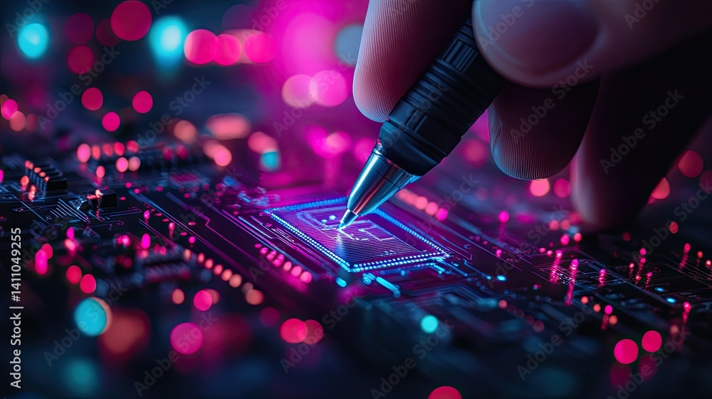 Poster a close-up view of a shiny pen delicately tracing intricate patterns on a vibrant. illuminated circu