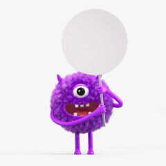 Fluffy, cute monster holds a blank sign, symbolizes information and advertising display. 3D rendering, conceptual image. Isolated on white background.