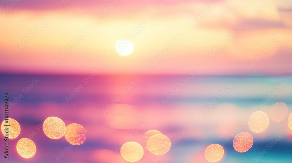 Poster a serene sunset over a calm sea. with soft bokeh lights reflecting in the water. creating a tranquil