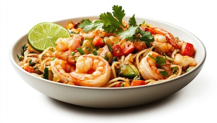 Shrimp stir-fry with noodles and vegetables.  Fresh and flavorful