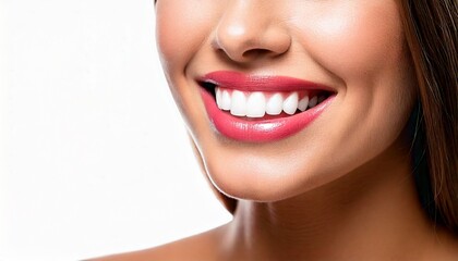 Obraz premium Smiling woman close up with perfect whitened teeth, dental implants