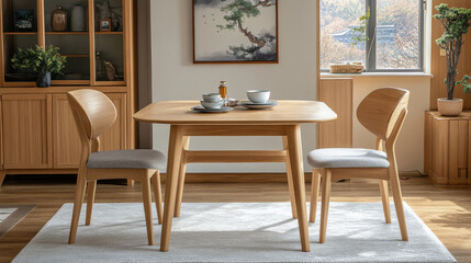 light wood dining table with two chairs set in cozy room, featuring serene atmosphere and natural light. Perfect for meals and gatherings