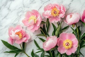 Fototapeta premium A beautiful arrangement of pink peony flowers on a marble surface. showcasing their vibrant colors and lush petals. ideal for floral design inspiration or decoration