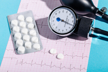 Sphygmomanometer and medications on ECG symbolize the need to diagnose heart health