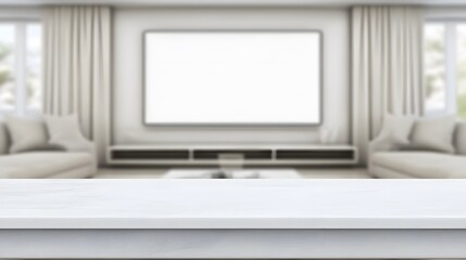 Fototapeta premium White Tabletop Mockup Modern Living Room Blurred Background