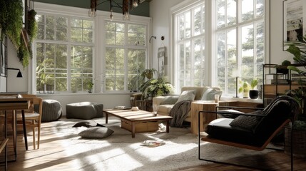 Scandinavian lounge with soft, muted colors, functional design, and abundant natural light.