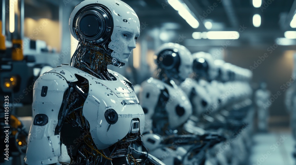 Poster advanced android assembly line: a futuristic vision of technological production
