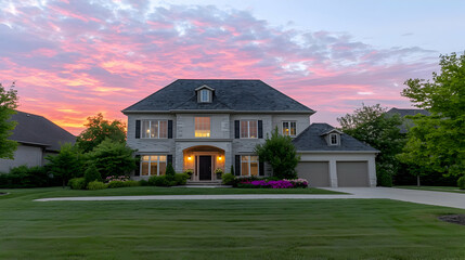 Large Suburban Home at Sunset