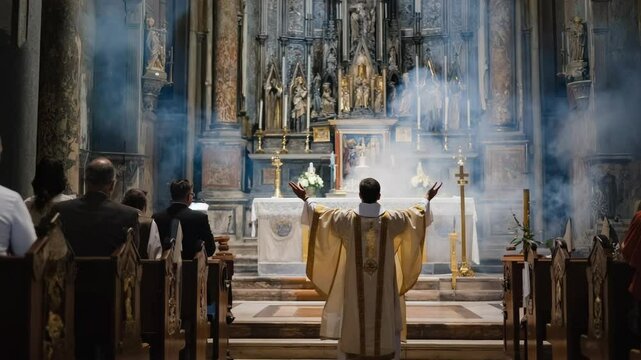 Priest in Ornate Church with Raised Hands Amidst Incense Smoke, Congregation in Pews, Religious Ceremony