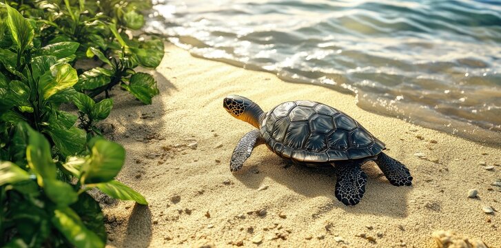 A serene green sea turtle crawling on a sandy beach at sunset. with lush foliage in the background and gentle ocean waves lapping at the shore