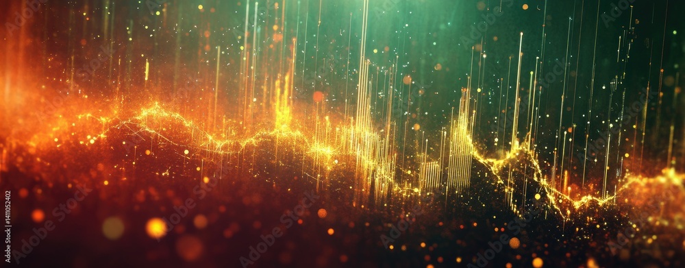 Poster a mesmerizing golden abstract landscape with shimmering particles and glowing lights. creating a vib