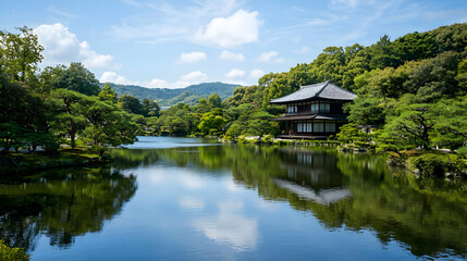 Fototapeta premium Tranquil Japanese Garden Pond With Traditional House