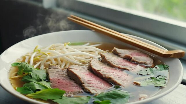 Aromatic steamy beef noodle soup with bean sprouts and cilantro served in a bowl with wooden chopsticks resting on top