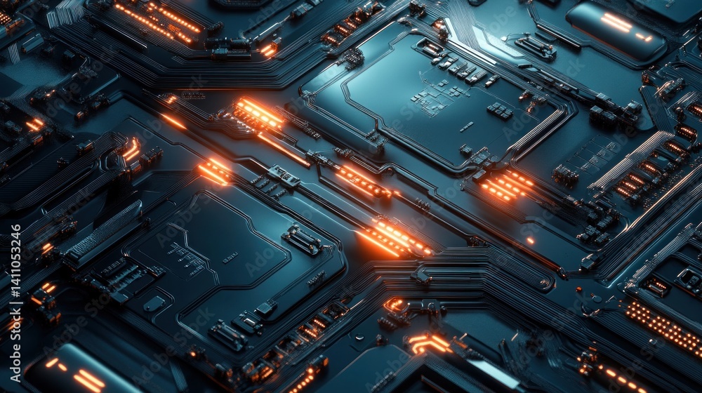 Poster futuristic circuit board with glowing elements and depth