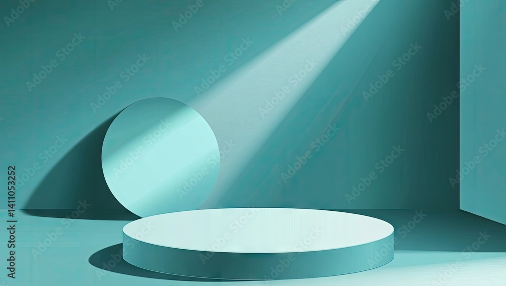 Poster a minimalist 3d composition featuring a circular object on a raised platform. surrounded by transluc