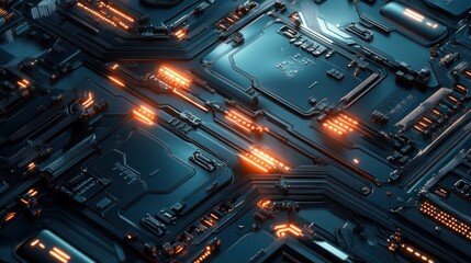 Futuristic circuit board with glowing elements and depth