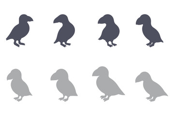 Puffin Bird Silhouette Icon Set. Animal Illustration Design