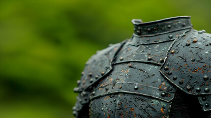 Close Up View Of Rusty Medieval Armor In Dark Green Background