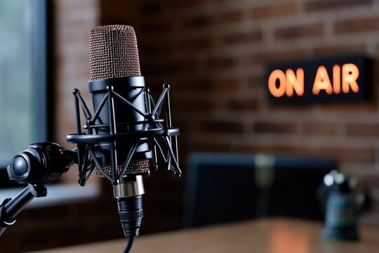 Text on air - streaming content, online broadcast, podcast microphone, digital media, blogger voice, radio backdrop, blog discussion, audio platform, spoken word, station banner.