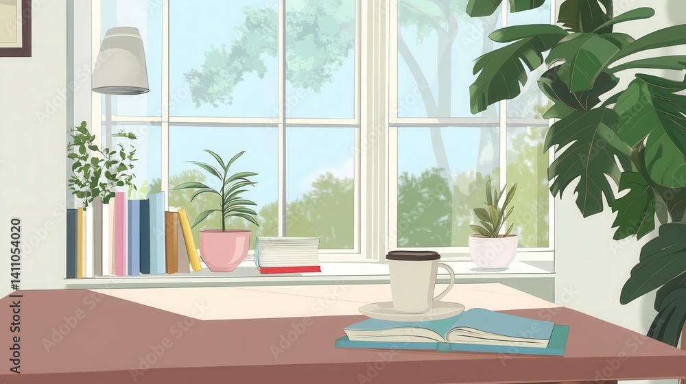 Poster cozy workspace with window view and greenery.