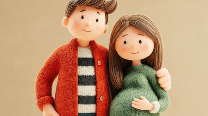 3d illustration, cute cartoon father and daughter touching baby bump of pregnant woman.image stock