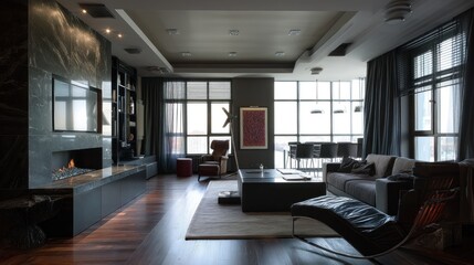 Sleek bachelor pad interior with dark tones and leather accents 