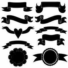 A detailed set of vintage-style ribbon banners in black and white 