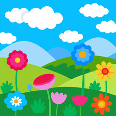 Fototapeta premium Vibrant wildflower meadow cartoon landscape background 
