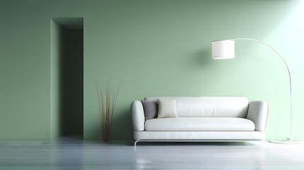 Modern sofa against green wall in minimalist space, embodying simplicity and calm elegance