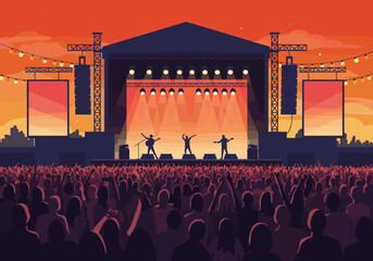 Band energetically performing on stage at concert, sunset background, Live music, festival entertainment concept, For event posters, music websites, promotional materials