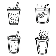 Black outline drinks set bubble tea, lemonade, slush and hot beverage