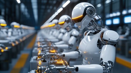 Fototapeta premium Automated assembly line populated with humanoid robots performing manufacturing tasks