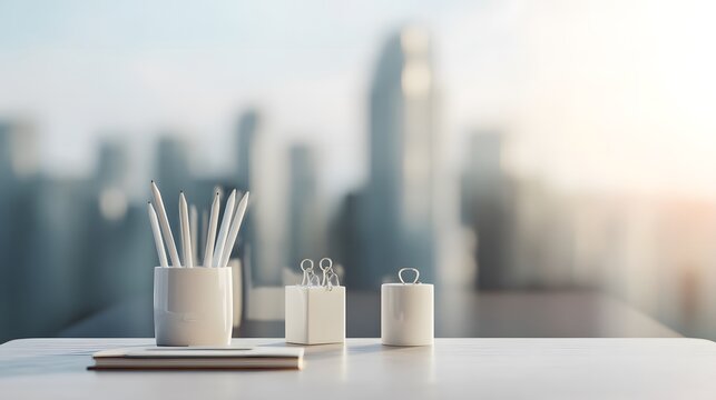 Minimalist workspace with office essentials against urban backdrop, embodying productivity and modern simplicity