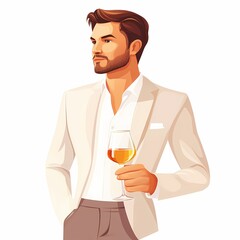 Elegant Illustrated Portrait of Stylish Man in Formal Attire Enjoying Cocktail at Outdoor Event - Modern Men's Fashion and Style