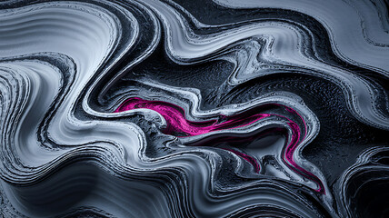 Obraz premium Mesmerizing abstract texture with silver and dark wavy patterns reveals a bold pink accent radiating dynamic energy ideal for adding a modern touch.