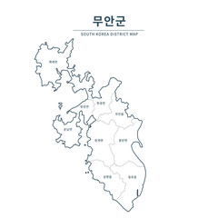 Muan-gun Map. Map of South Korea with Major Cities, Clean Line Design on White Background.