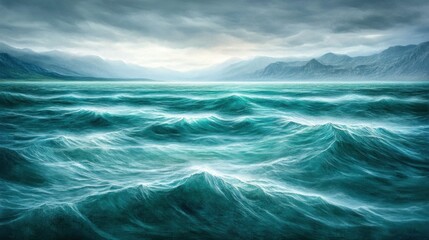 Fototapeta premium Stormy turquoise waters meet a distant mountainous horizon.