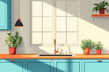 Modern Kitchen Interior Design with Bright Lighting and Stylish Potted Plants. Minimalist Renovation Tips